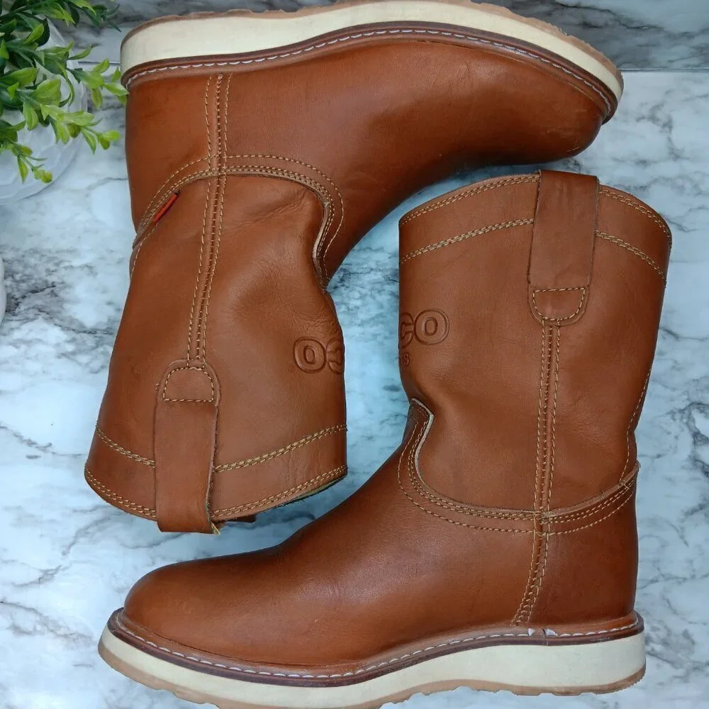 ARCO MEN'S WORK BOOTS ROUND TOE GENUINE LEATHER PULL ON SOFT TOE LIGHT BROWN 7